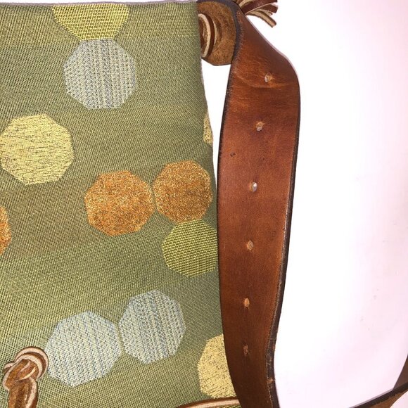 Shoulder Handbag Green Fabric Geometric Design Fold Over Leather Strap Crossbody - Picture 8 of 10